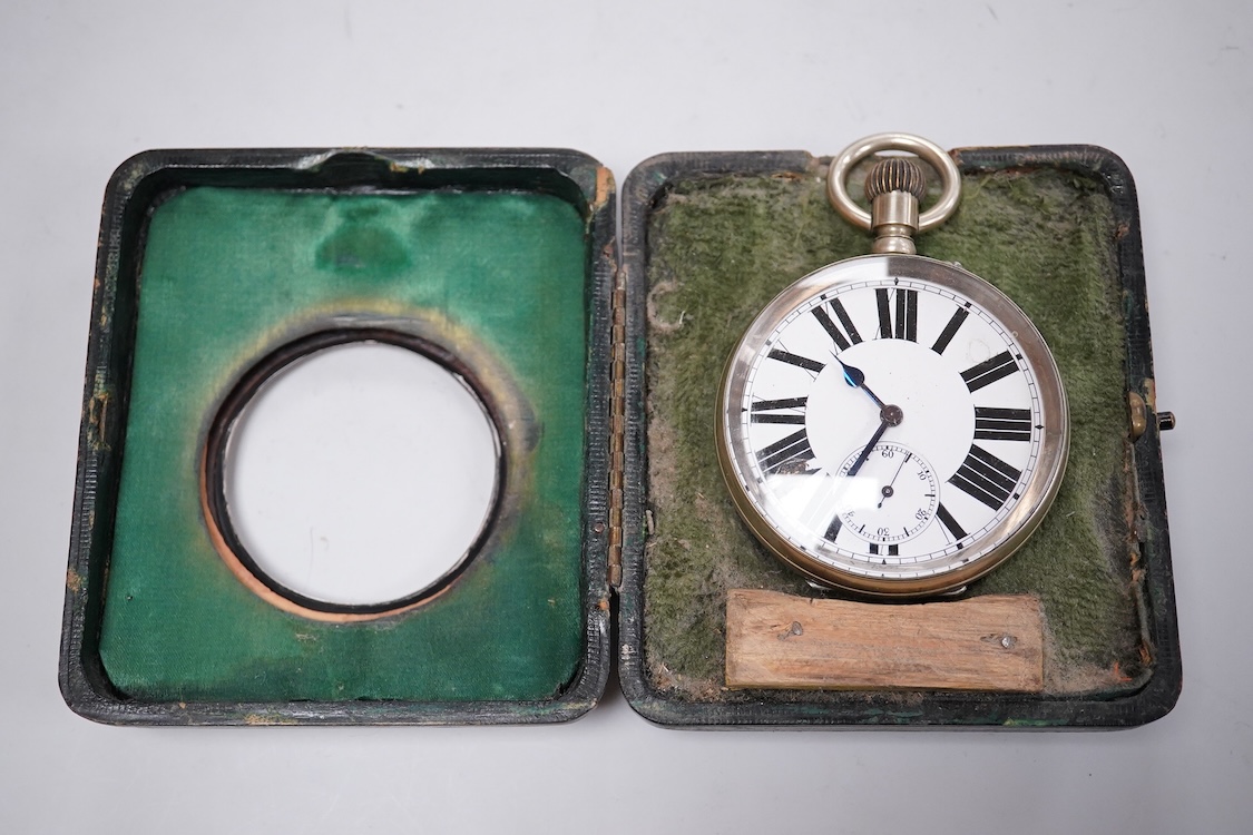 An Edwardian silver and pique inlaid tortoiseshell pocket watch case, Henry Clifford Davis, Birmingham 1909, 11.3cm, containing keyless pocket watch.